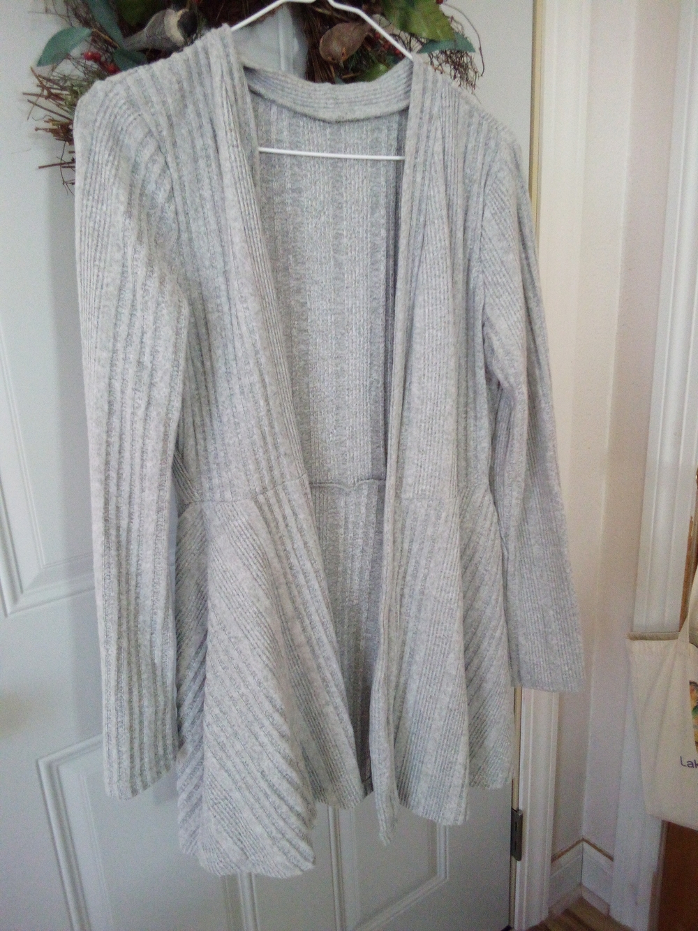 Light Gray Open-Front Ribbed Cardigan Sweater - Picture 2 of 2